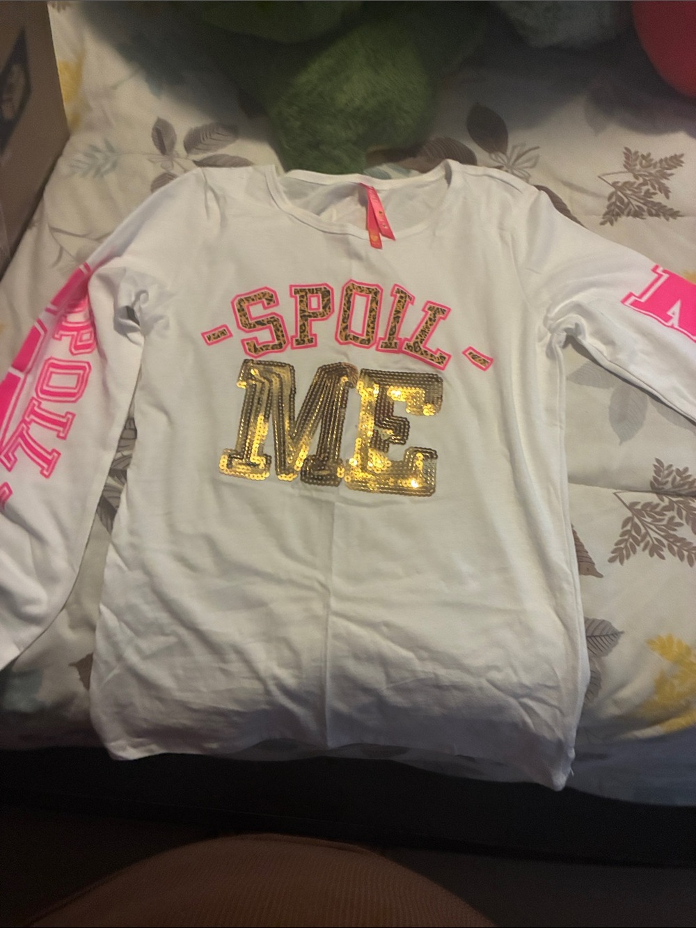 2 Cute White Long-Sleeve Tee with Pink Lettering & Gold Sequin ME